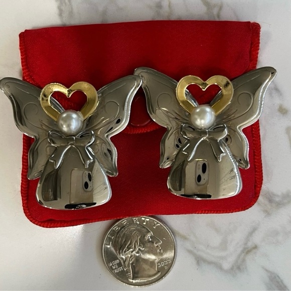 1993 Signed TwoTone Silver Gold HEART Angel Butterfly Earrings Jane Kingwood - Picture 1 of 7